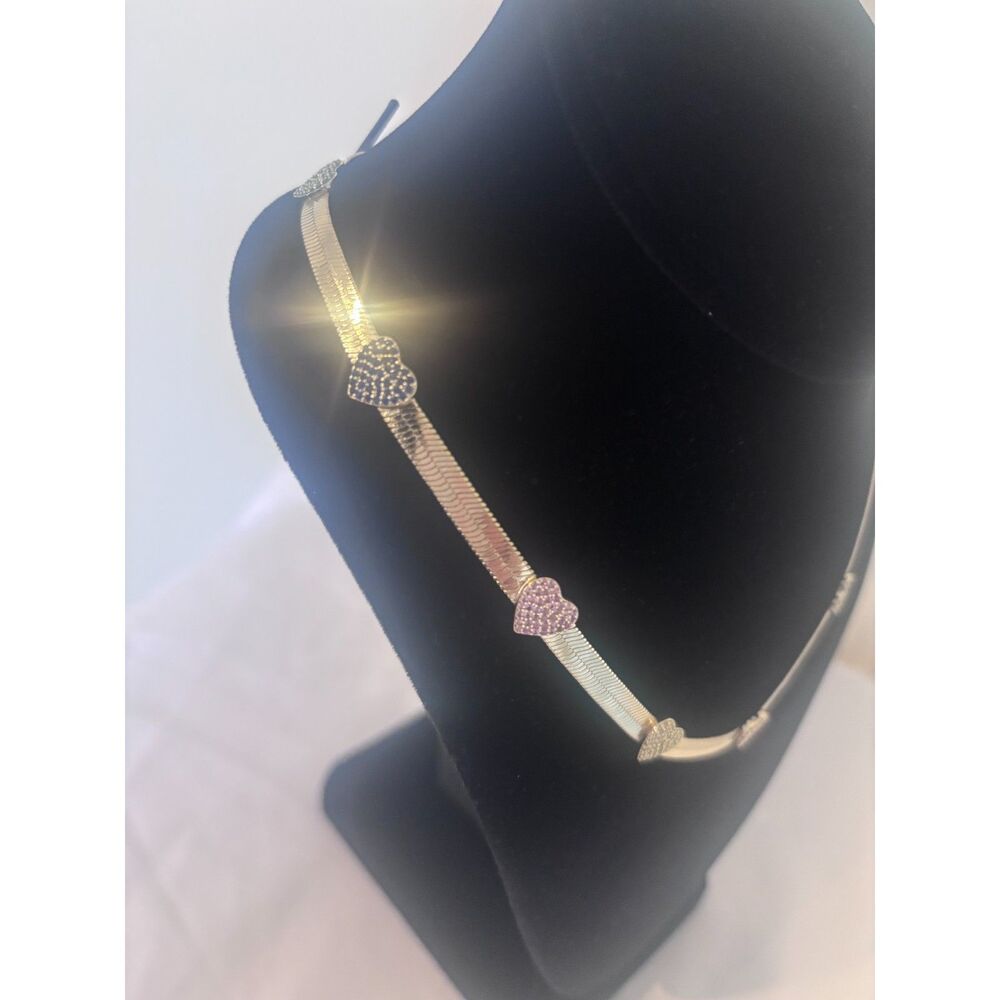 Gold Tone Herringbone Necklace with Colorful Pave Heart Crystals - unbranded